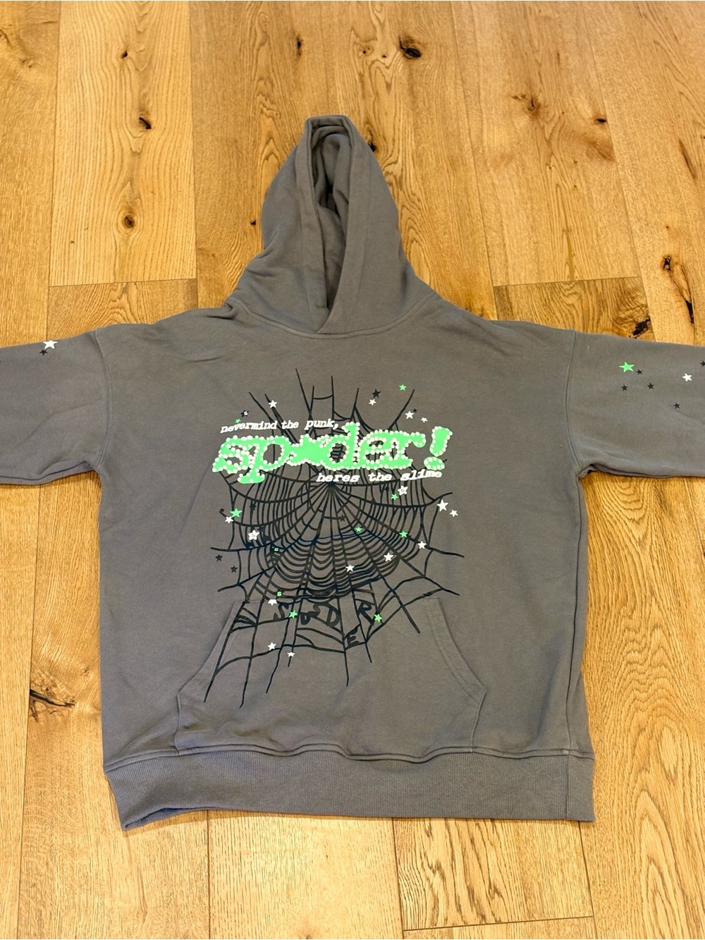 Authentic Sp5der Punk V2 Hoodie Slate Grey with one small almost unvisible stain
